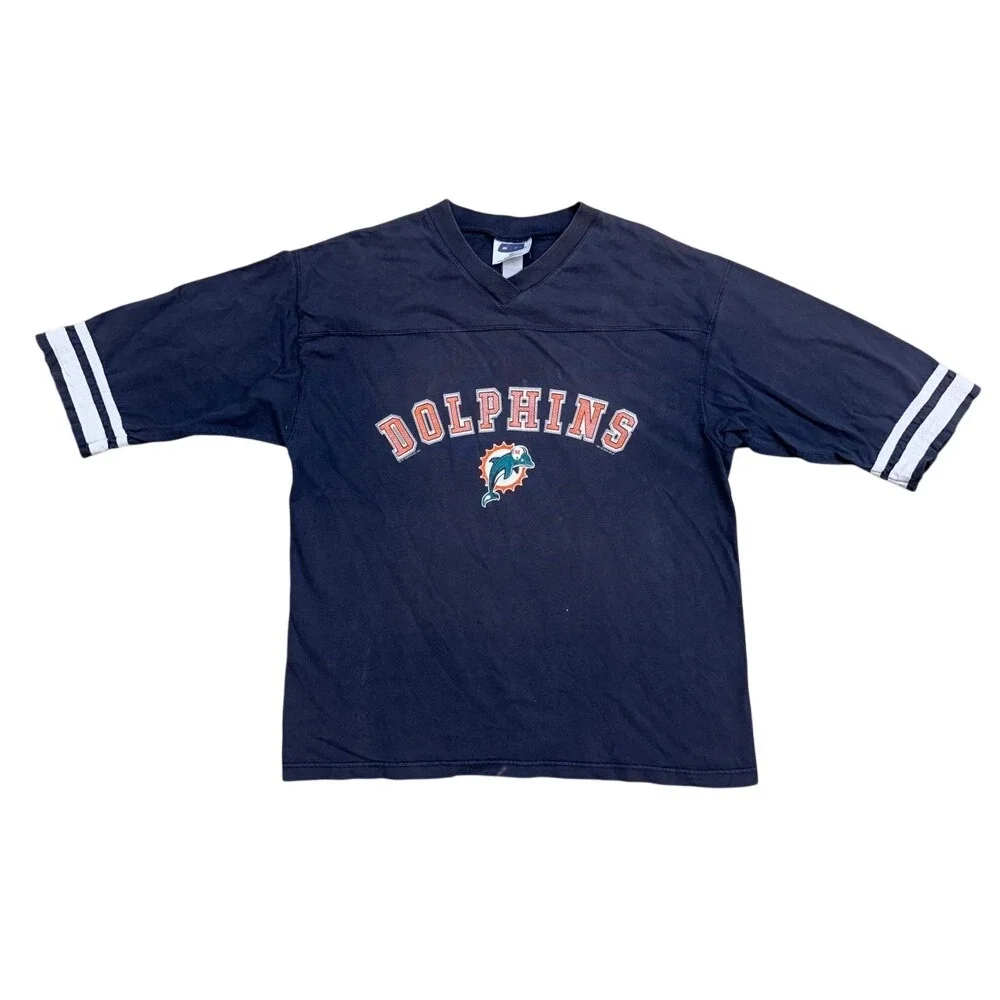 Vintage CSA Miami Dolphins Football Jersey V-Neck‎ T-Shirt Striped Sleeve L